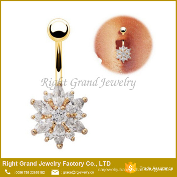 Surgical Steel Gold Plated Clear Flower Cubic Zirconia Belly Barbell Navel Ring